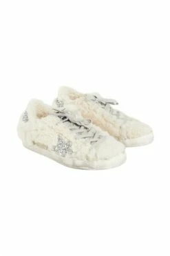 Golden Goose Shearling-Panel Glitter Sneakers Beige