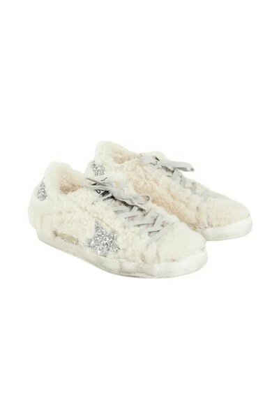 Golden Goose Shearling-Panel Glitter Sneakers Beige 3 Golden Goose Shearling-Panel Glitter Sneakers Beige